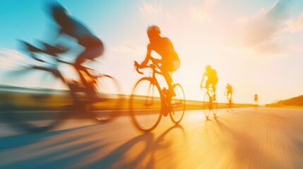 Cyclists compete energetically on a sunlit road, showcasing their speed and determination under a bright sky in the afternoon