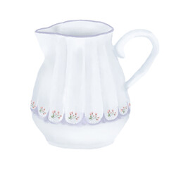 Porcelain jug with elegant handle and floral painting. Watercolor digital illustration. Cute ceramic jug for milk or water isolated on white background. For textile or print for cafe or catering place