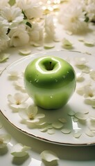 Green apple with a slight blemish, resting on a white porcelain plate, surrounded by scattered flower petals create with ai