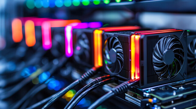 High performance GPUs with colorful lights in mining setup