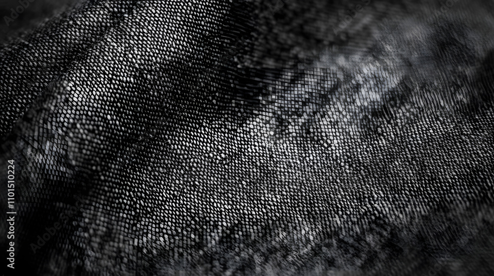 Poster close-up shot of a textured black fabric with a subtle pattern. the material shows intricate weaving