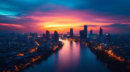 Obraz premium 3D Rendered Vibrant Cityscape at Dusk with Glowing Lights and Reflections on River