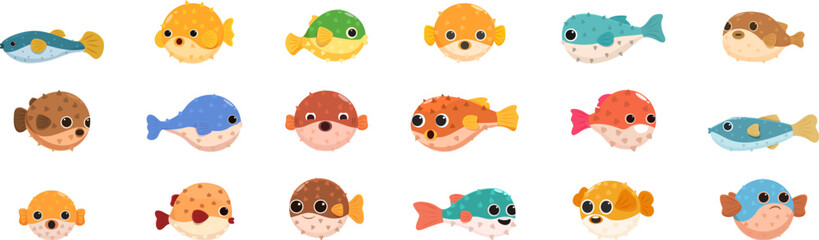 Puffer fish icons set. Sixteen colorful pufferfish in different poses, some inflated and some swimming, creating a playful and diverse underwater scene