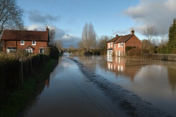 Obraz premium Flooding causes with houses and roads submerged in water
