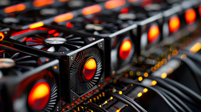 High performance GPUs with glowing fans in mining setup