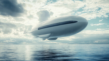Suspended sky sleek futuristic airship floats effortlessly glistening ocean waters surrounded ethereal clouds evoking sense adventure and exploration.