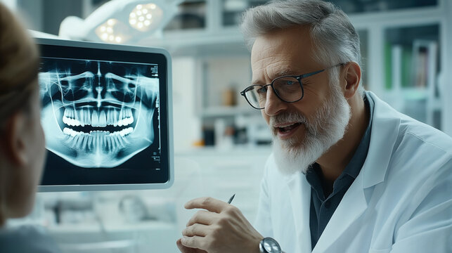 Dentist discussing dental X-ray with a patient in a modern clinic setting, wearing a white lab coat and glasses, explaining teeth and jaw health.
