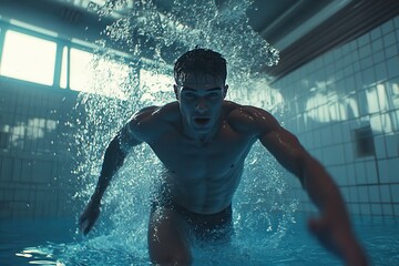 Dynamic Dive Splashing in Indoor Pool Water