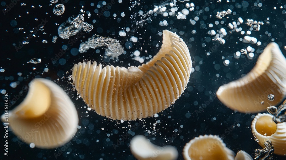 Poster pasta shells float separately water creating mesmerizing display shapes and textures. dark backgroun