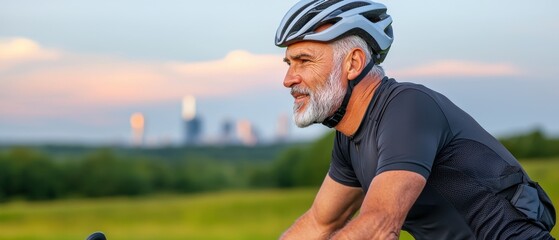 Fototapeta premium Commuting to work concept, Active senior man cycling outdoors with a city skyline backdrop, showcasing a healthy lifestyle and passion for fitness.