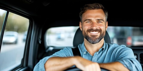 Commuting to work concept, Smiling man driving a car, showcasing happiness and confidence while navigating through a busy road.