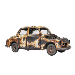 A rusted old car with a broken window