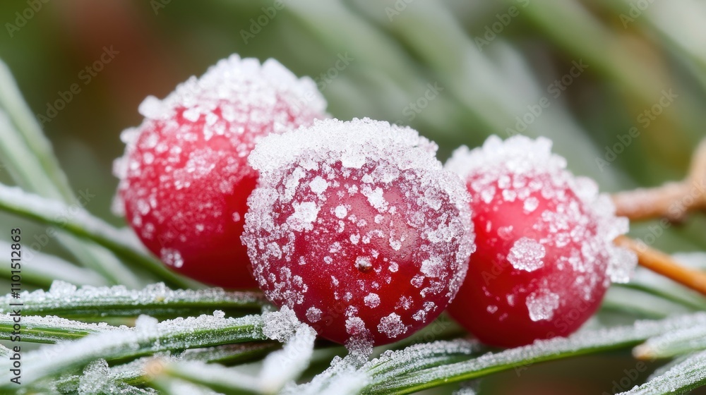 Poster bright red berries covered in frost rest on green snowy pine branches, creating a serene and festive