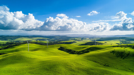 Fototapeta premium serene wind energy farm with towering turbines in lush green hills