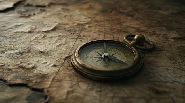 A vintage brass compass resting on an aged, weathered world map. The image evokes a sense of adventure and exploration, ideal for themes of navigation, travel, and history.