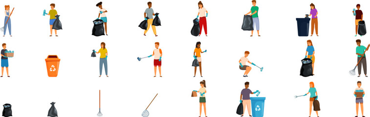 Children collecting trash icons set. Volunteers actively participate in cleaning and sorting waste, fostering environmental responsibility and promoting sustainable practices