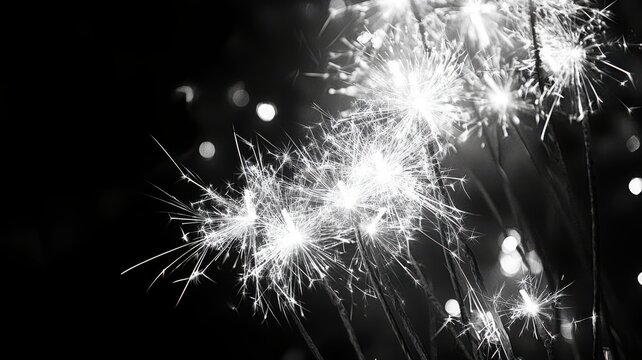 Monochrome fireworks illuminate dark sky, classic holiday atmosphere. Christmas, New Year's Eve