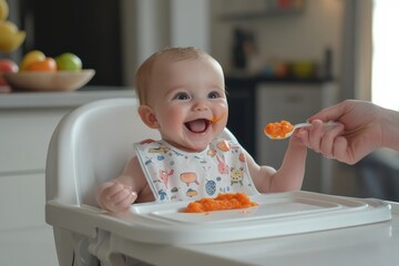 Smiling baby in a high chair enjoying carrot puree during mealtime in a modern, brightly lit kitchen.