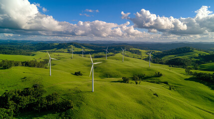 serene wind energy farm with towering turbines on green hills