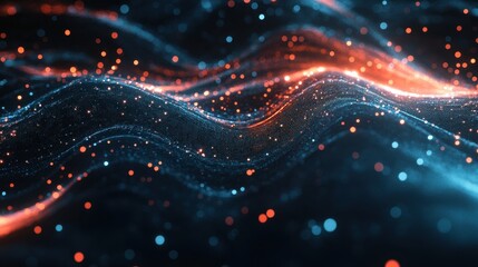 Obraz premium Abstract waves of glowing particles in blue and orange, creating a dynamic visual effect.