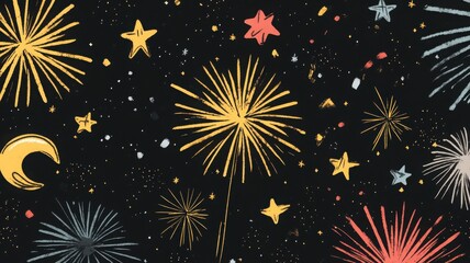 Doodle-style fireworks with playful lines, joyful New Year's Eve art. Christmas, New Year's Eve