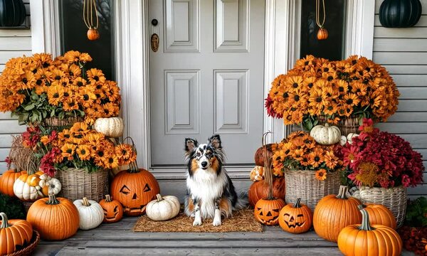 A delightful display of orange sunflowers and carved pumpkins decorates a porch, where a dog sits contently in the midst of fall festivities