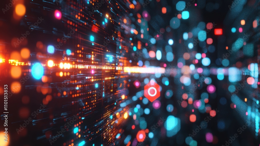 Poster abstract digital visualization of data streams with vibrant colors and glowing particles.