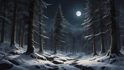 Snowy Forest at Night Under Moonlight with Starry Sky - Winter Calm
