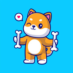 Cute Shiba Inu Dog Holding Bone Cartoon Vector Icon 
Illustration. Animal Nature Icon Concept Isolated Premium 
Vector. Flat Cartoon Style 
