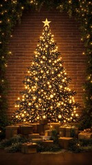 Fototapeta premium Luxurious Christmas tree on a rustic brick wall adorned with intricately carved wooden gift boxes, Christmas tree, brick wall with greenery