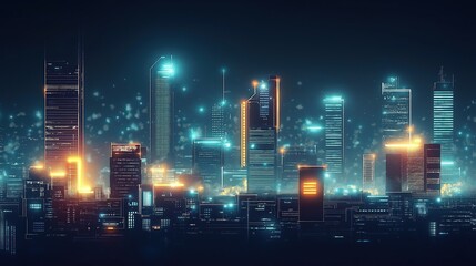 Futuristic city landscape at night. High tech buildings glow with vibrant lights. Tech network visible. Nightlife scene. Cyberpunk style. Abstract design. Modern cityscape. Generative art. Science