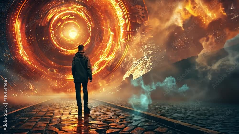 Aufkleber a lone figure stands on a cobblestone path, gazing into a fiery portal surrounded by dramatic clouds
