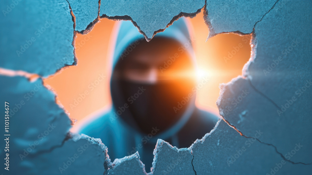 Aufkleber blurred figure in hoodie is seen through cracked wall, creating mysterious atmosphere. light shines 