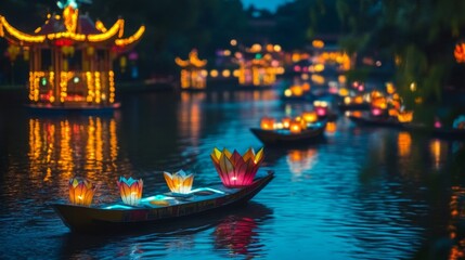 Fototapeta premium Illuminated Lotus Lanterns Drifting on a Calm Waterway