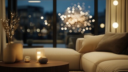 Warm New Year's Eve interior with large windows and colorful fireworks. Christmas, New Year's Eve