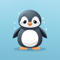 Obraz premium Cute cartoon penguin character standing against a light blue background, showcasing a playful and cheerful design, perfect for winter themes and children's illustrations.