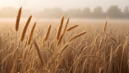 Fototapeta premium Soft Beige Wheat Stalks in Foggy Morning Light with Subtle Horizon