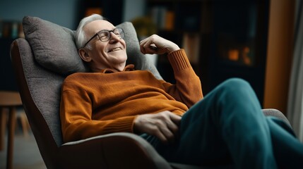 Obraz premium Elderly man with glasses wearing an orange sweater and sitting relaxed on a comfortable chair, smiling contently in a cozy indoor setting.
