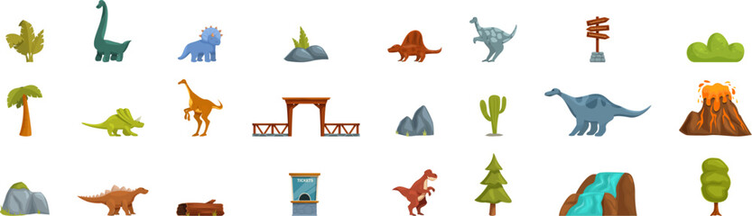 Dinosaur park icons set. Cartoon dinosaurs roam among lush vegetation, volcanoes, and park structures, offering a glimpse into prehistoric life and family entertainment © nsit0108