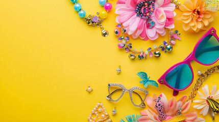 Celebrate in style with a fun hen party for girls with festive accessories and party decorations, all set against a bright yellow background for a vibrant bridal shower or bachelorette gathering.