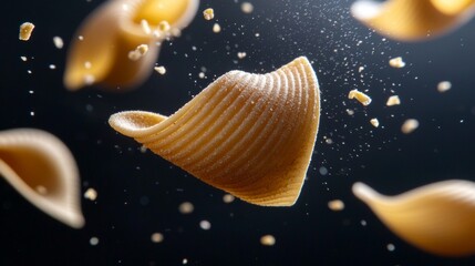Several pasta shells are seen suspended mid air highlighting their intricate details and textures. dark backdrop enhances visual impact levitating presentation.