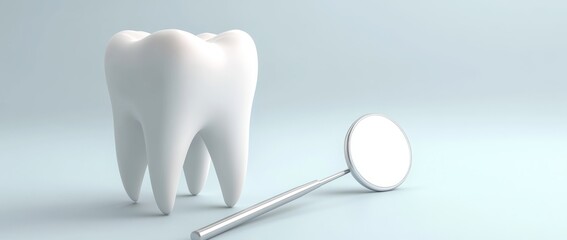 A white tooth and dental mirror on a table in a light blue background