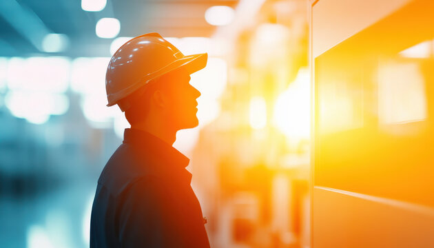 blurred silhouette of worker in hard hat, standing in front of machinery, illuminated by warm light. scene conveys sense of focus and determination