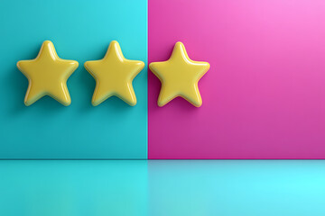 Obraz premium Three Glossy Yellow Stars on a Pink and Blue Background: Minimalist 3D Graphic Design