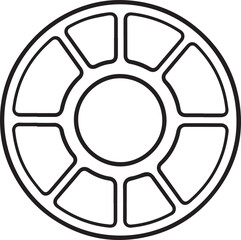 Simple black and white line drawing of a geometric circular film reel design with bold lines