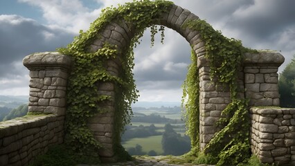 Medieval Stone Archway Framed by Ivy and Cloudy Sky