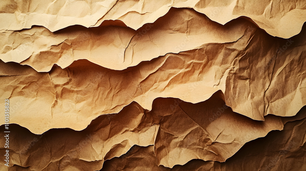 Poster close-up of crumpled brown paper, showcasing texture and folds. layers create depth and shadows. ide