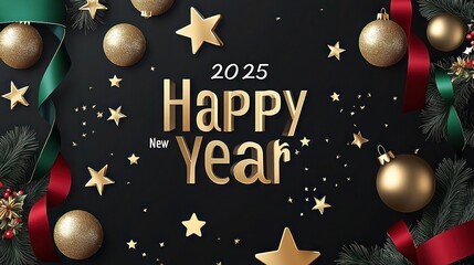 Glamorous minimal holiday banner with a black background highlighted by gold baubles, stars, and ribbons. "2025" in bold