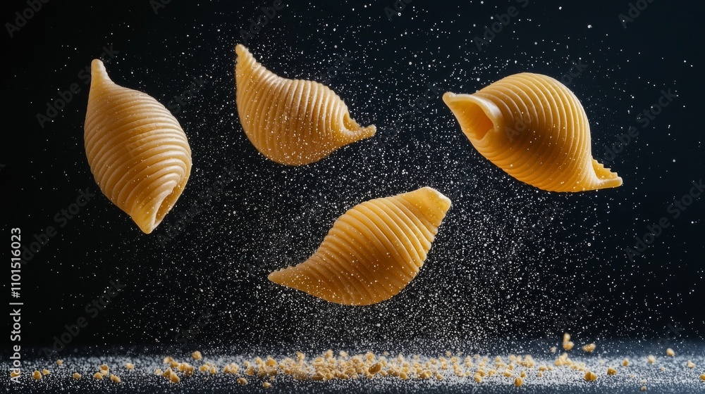 Aufkleber several pasta shells are suspended air creating dynamic visual dark background. arrangement emphasiz