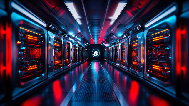 futuristic Bitcoin mining rig with glowing servers and vibrant lights